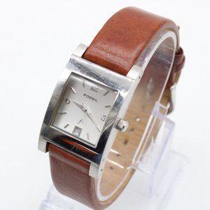 Vintage Fossil F2 Watch Womens Silver Tone Red Leather Band Rectangular Dial 30m